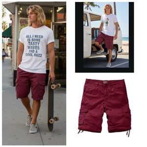 Men’s cargo shorts utility Gorpcore hiking Plum (Red) cotton SZ 5XL NWT